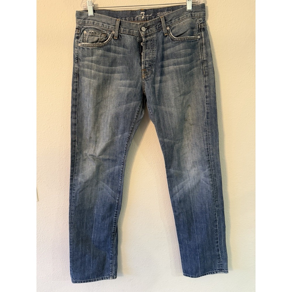 7 For All Mankind Standard Men's Sz 34 Straight Leg Jeans Medium Blue Button Fly